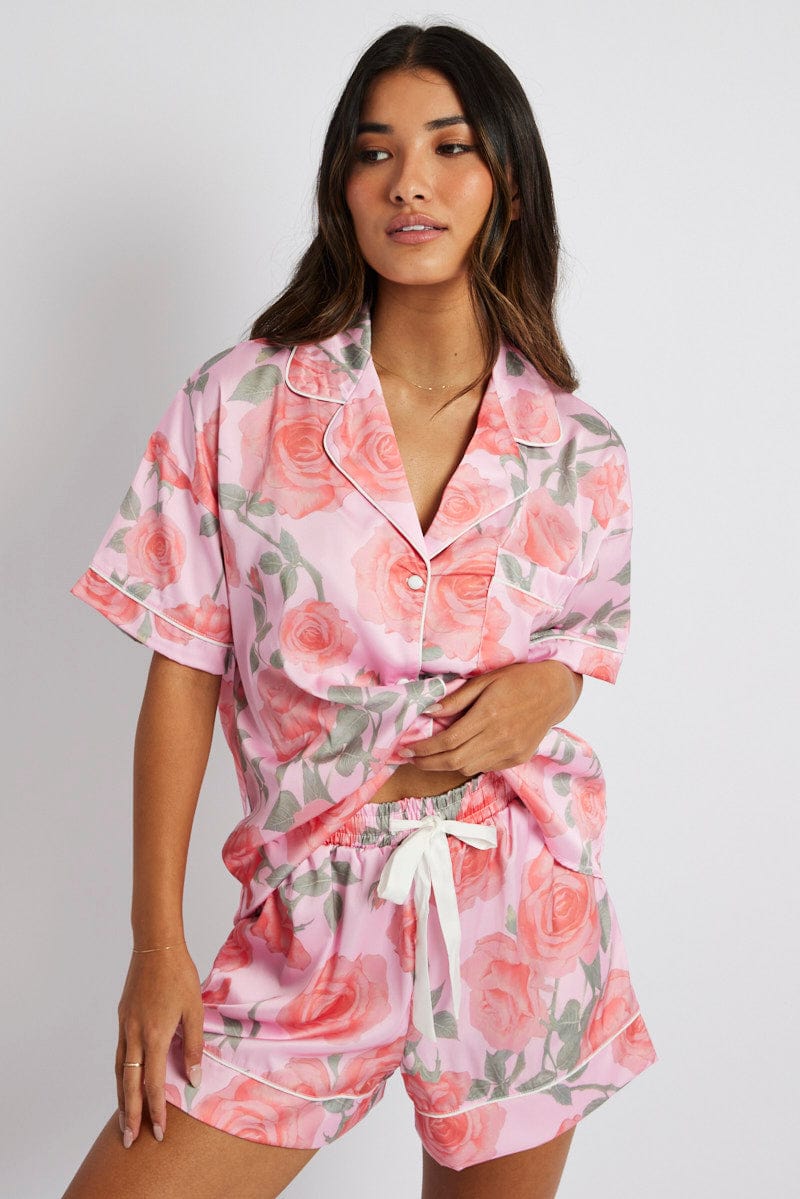 Sexy Pink Stitch Pajama Set For Women Chiffon Floral One Piece