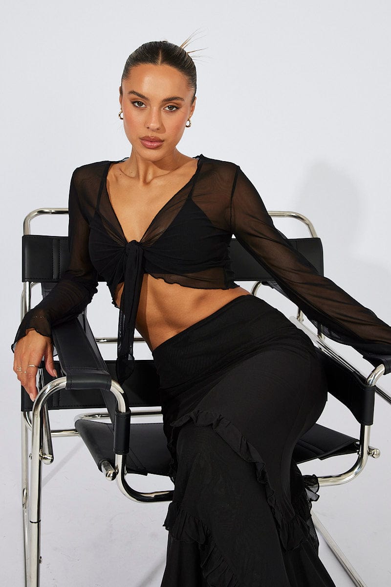 Black Bolero Tie Front Long Sleeve Mesh Ally Fashion