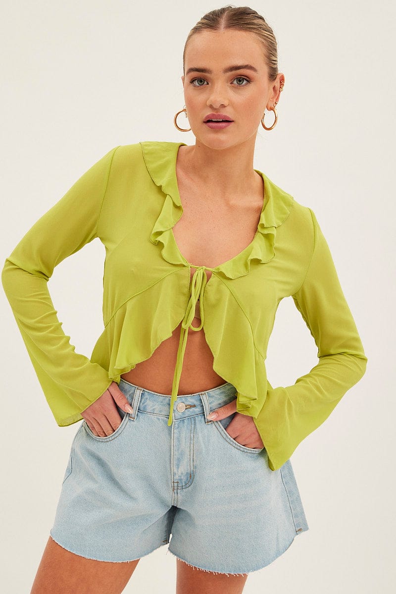 Green Bolero Flare Long Sleeve Frill V Neck Tie Chiffon | Ally Fashion