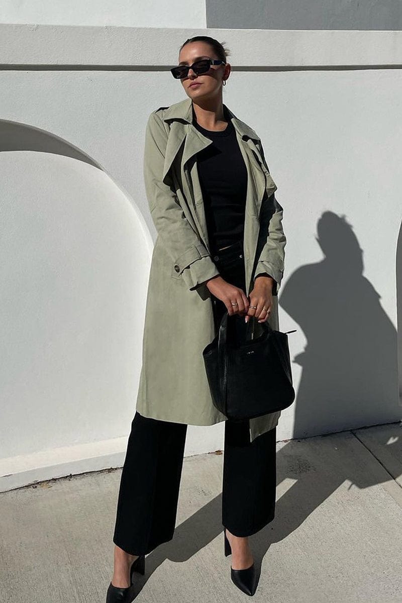 Green Trench Coat Long Sleeves Cotton Ally Fashion