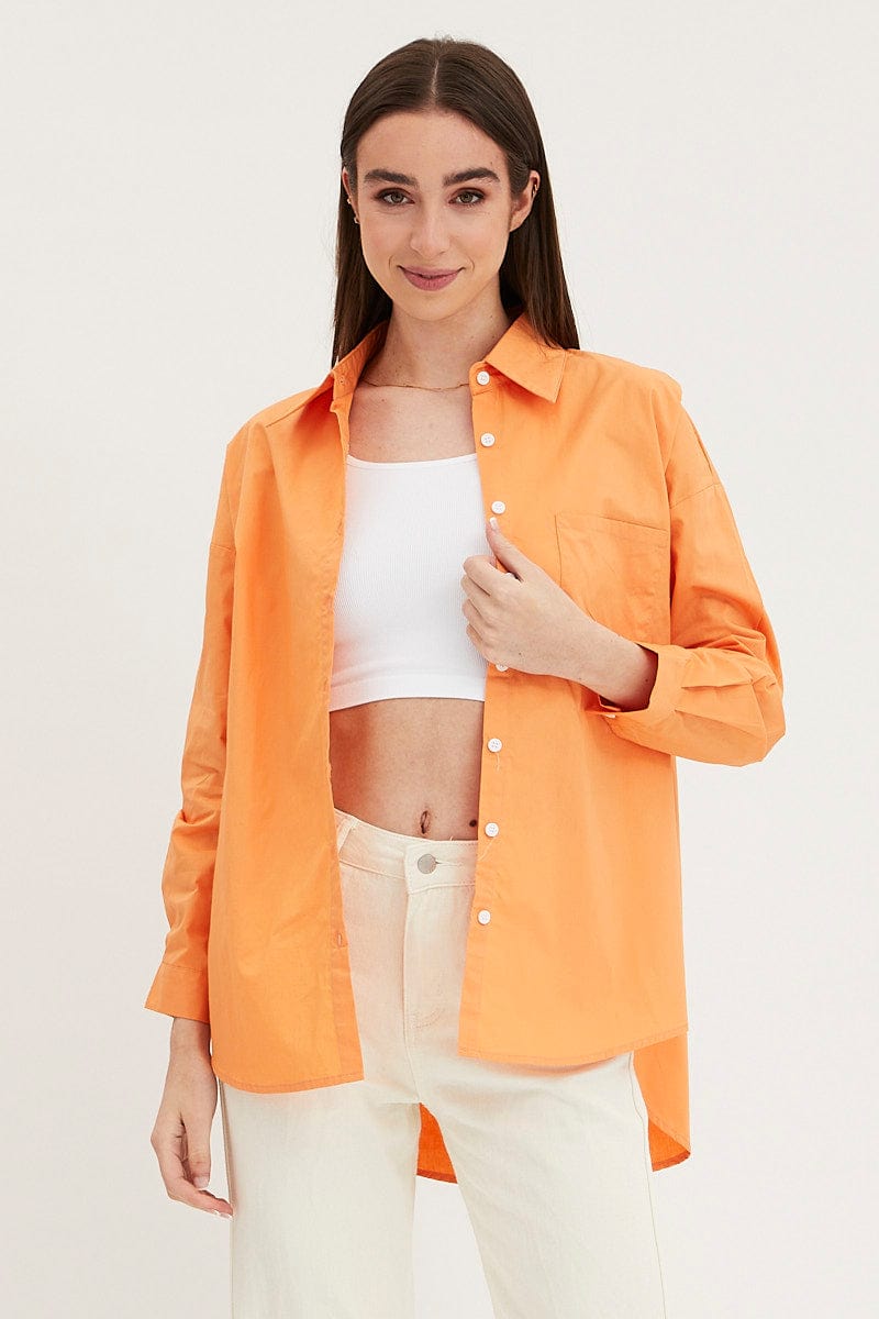 Women's Orange Relaxed Shirts Long Sleeve Button Up Ally Fashion