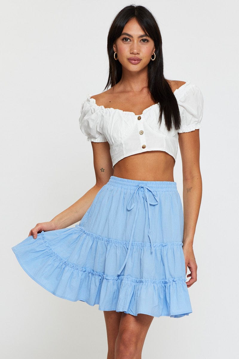 Women's Blue Elastic Waist Frill Hem Skater Skirt Ally Fashion