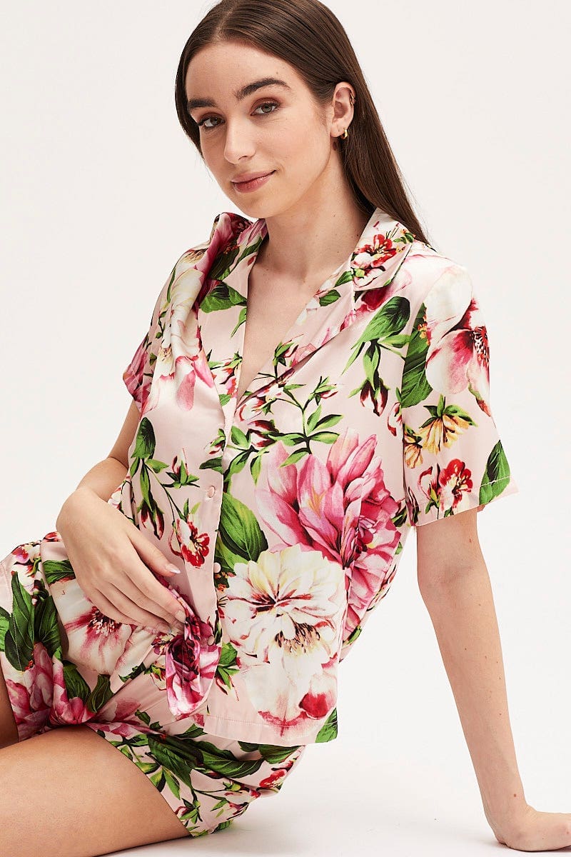 Women's Print Satin Pajamas Set Short Sleeve Ally Fashion