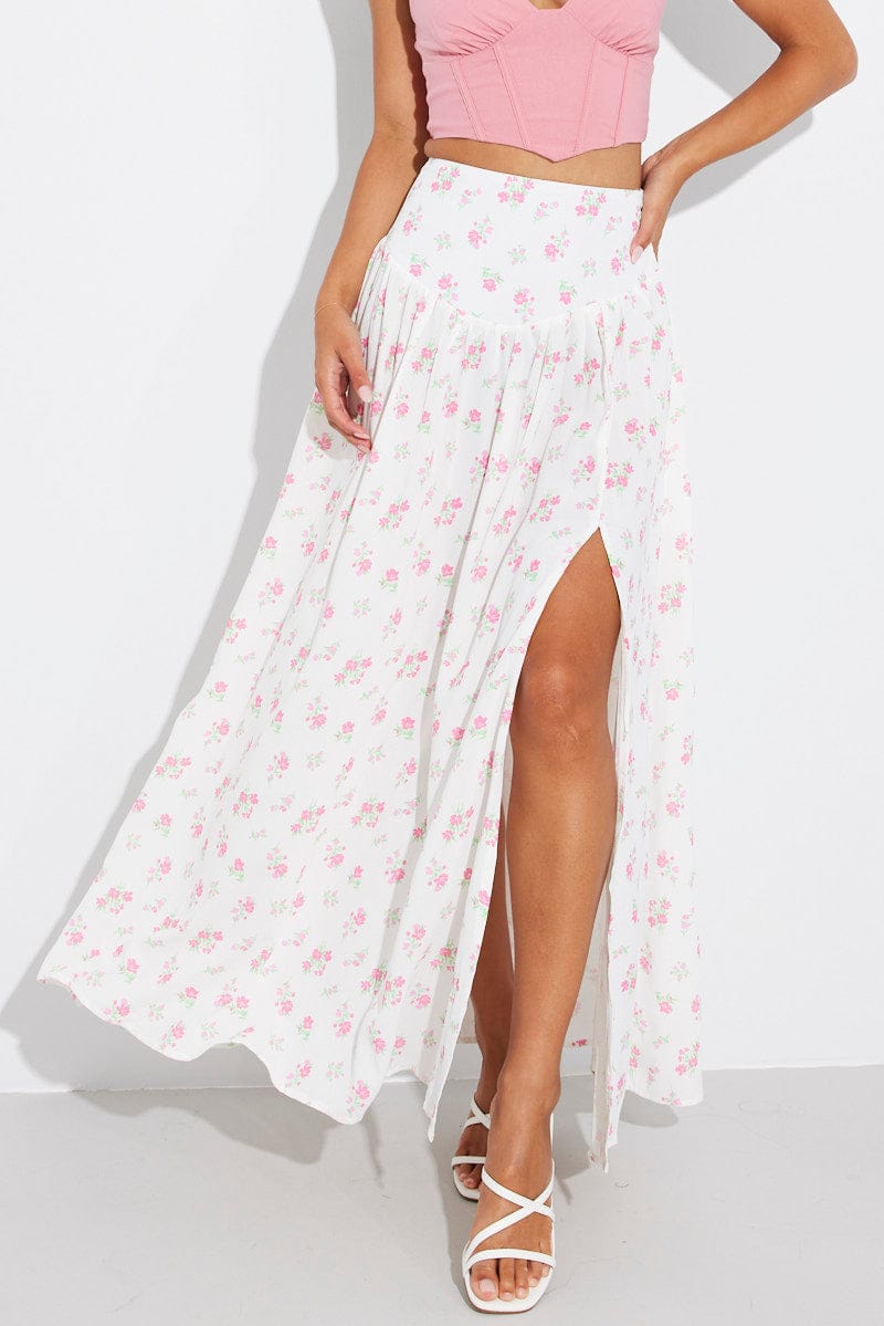 White Floral Maxi Skirt Bouquet Ditsy Side Split Skirt Ally Fashion