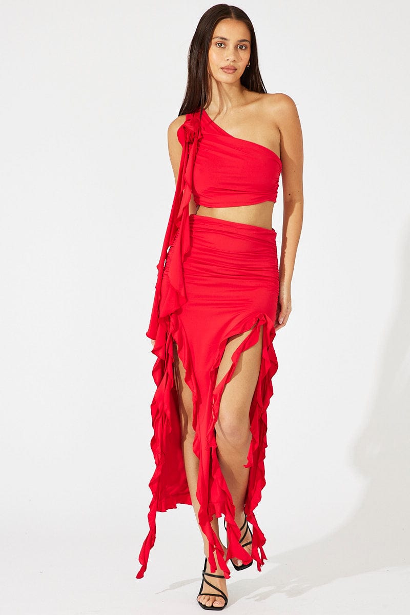 Red Azalea Ruffle Maxi Skirt + Ribbon Cami Co-ord - One Wear Freedom