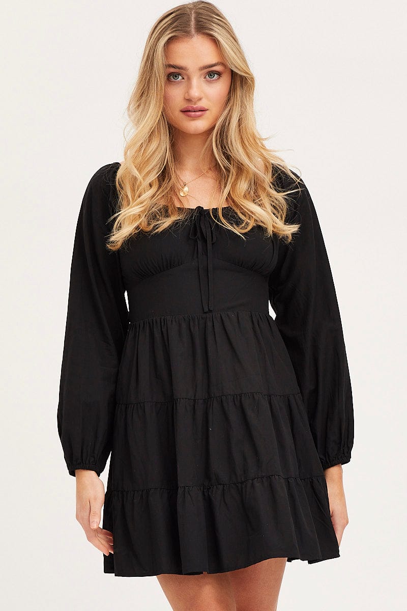 Women's Black Fit And Flare Dress Long Sleeve Square Neck