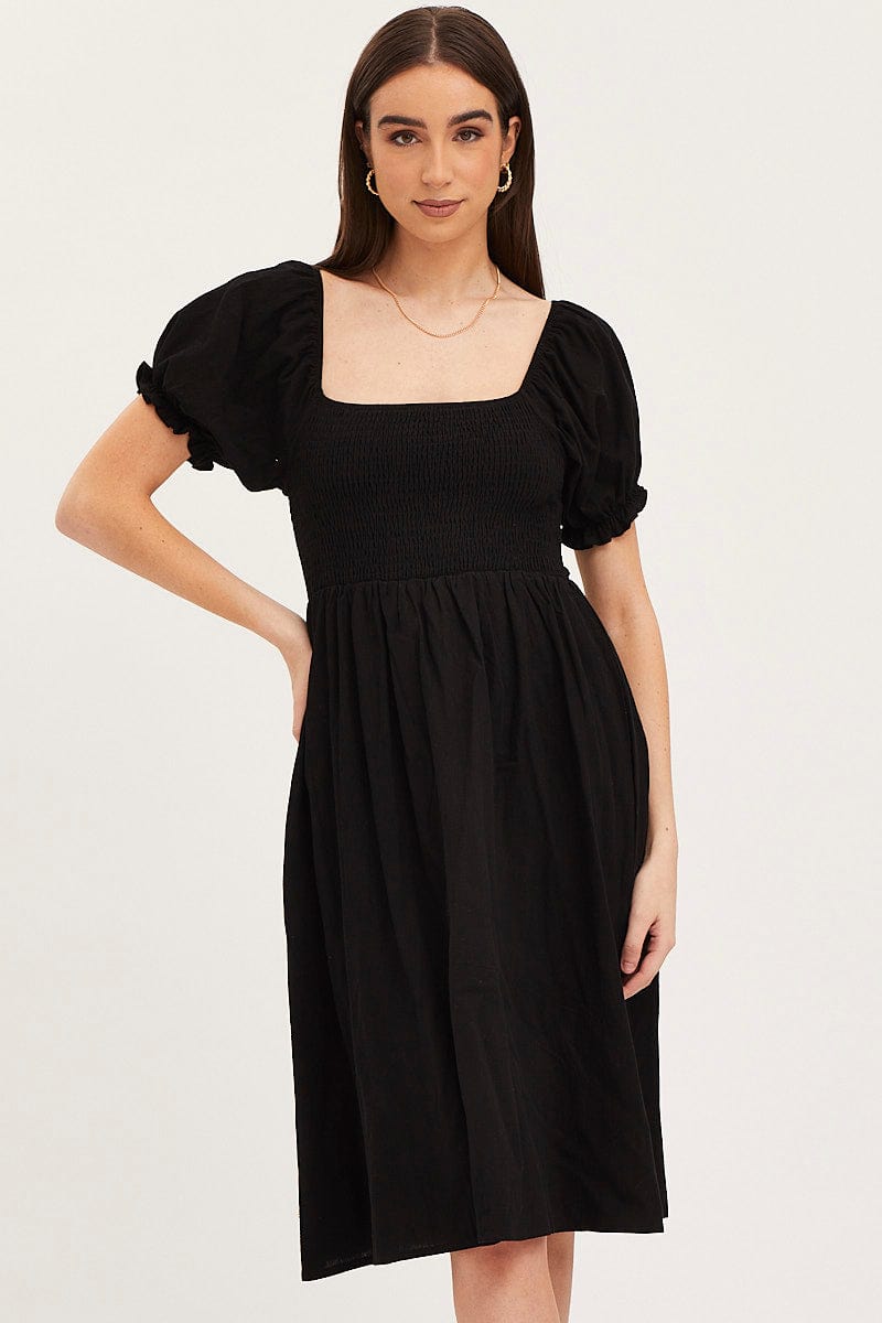 Women's Black Mini Dress Short Sleeve Square Neck | Ally Fashion Women's Black Mini Dress Short Sleeve Square Neck | Ally Fashion