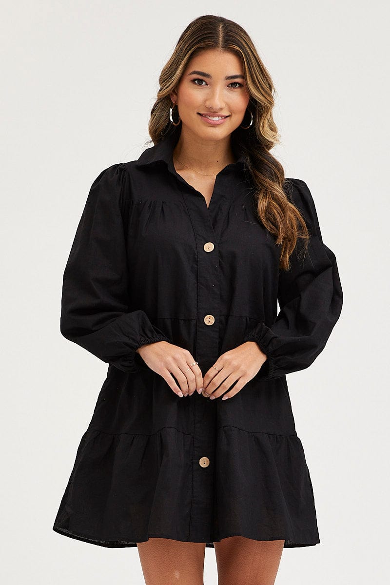 Women's Black Tiered Dress Long Sleeve Mini | Ally Fashion Women's Black Tiered Dress Long Sleeve Mini | Ally Fashion