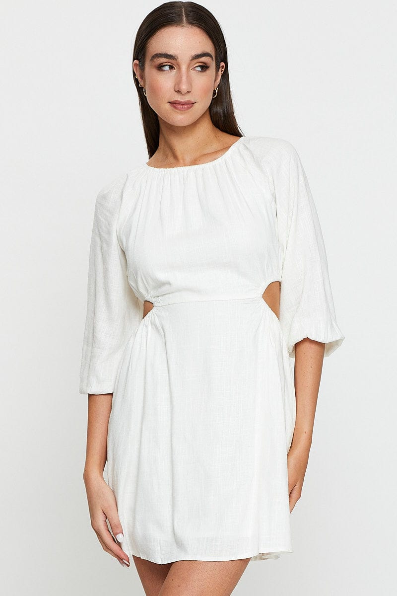 knee length dresses for ladies Black Fit and Flare Dress Short Sleeve Linen Blend