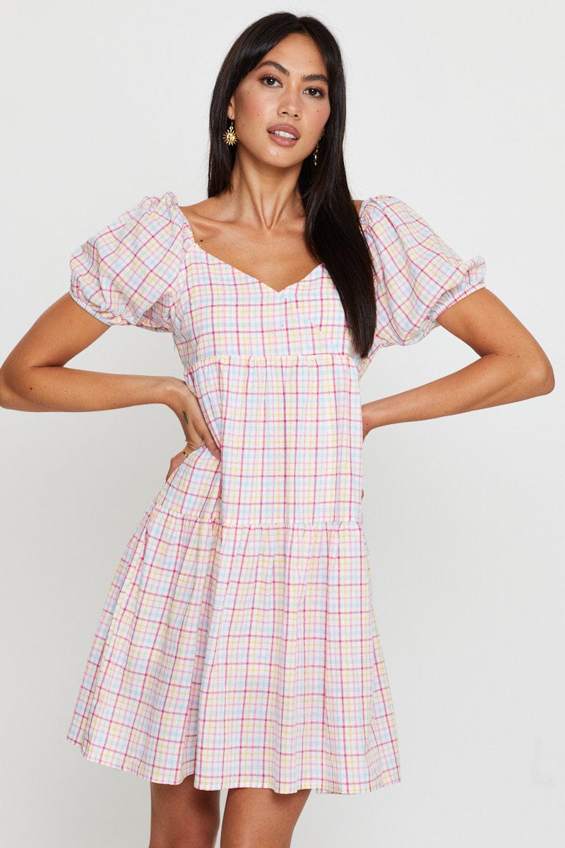 Women's Check Fit And Flare Dress Short Sleeve Sweetheart Neck | Ally Fashion Women's Check Fit And Flare Dress Short Sleeve Sweetheart Neck | Ally Fashion