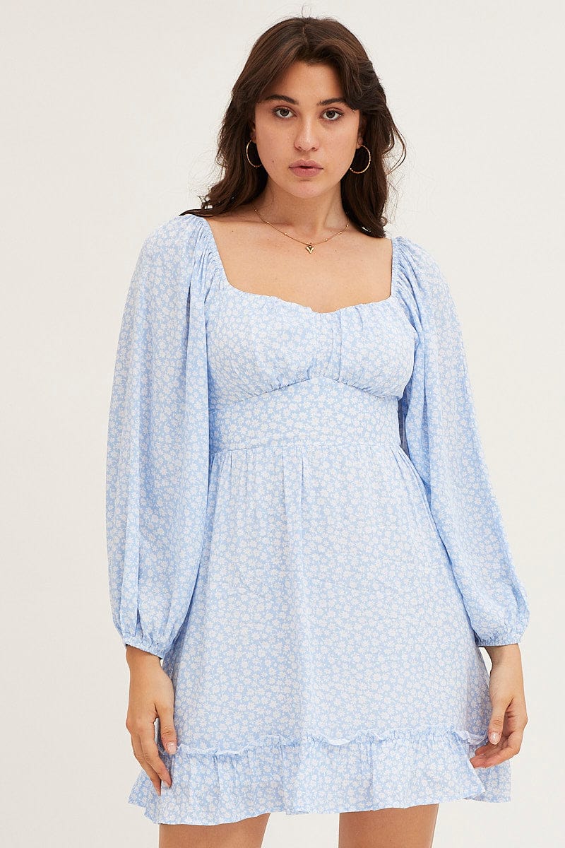Women's Daisy Print Long Sleeve A-Line Mini Dress | Ally Fashion Women's Daisy Print Long Sleeve A-Line Mini Dress | Ally Fashion