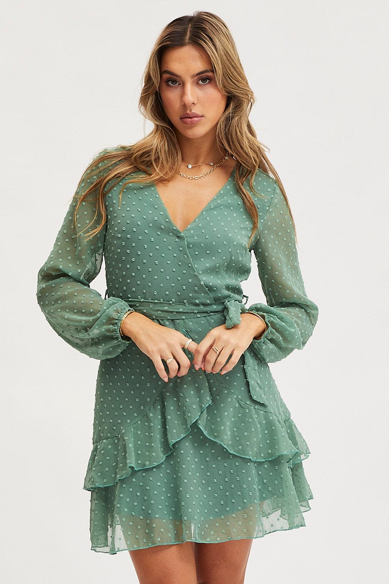 Women's Green Skater Dress Long Sleeve Mini | Ally Fashion Women's Green Skater Dress Long Sleeve Mini | Ally Fashion
