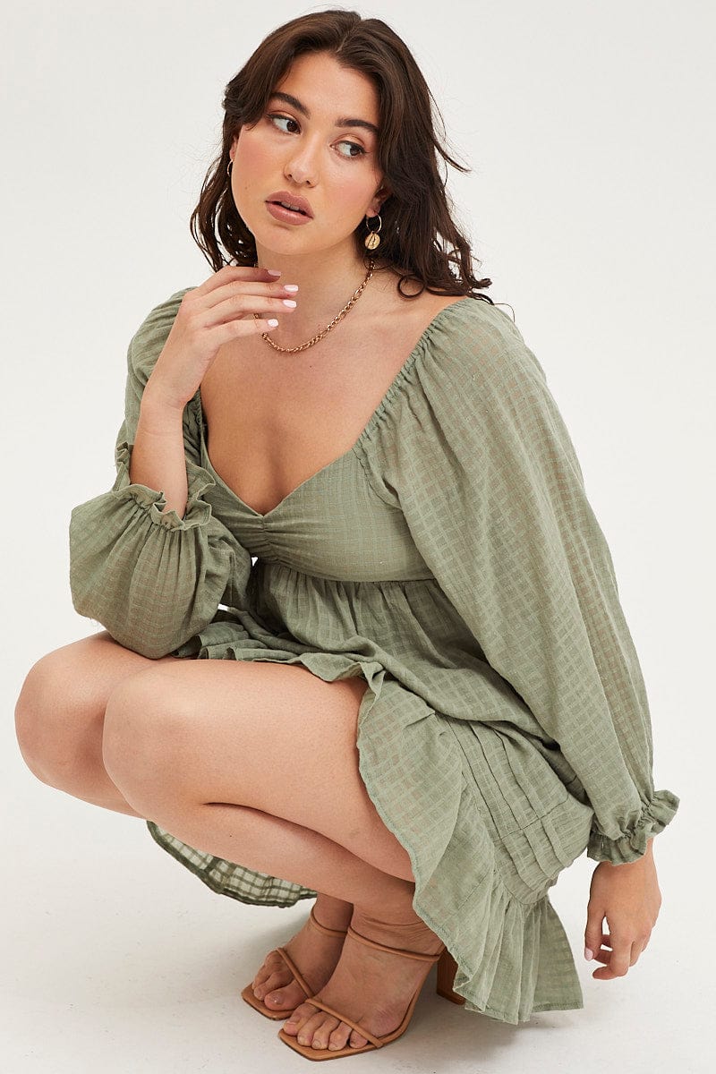 Women's Green Smock Dress Long Sleeve Mini | Ally Fashion Women's Green Smock Dress Long Sleeve Mini | Ally Fashion