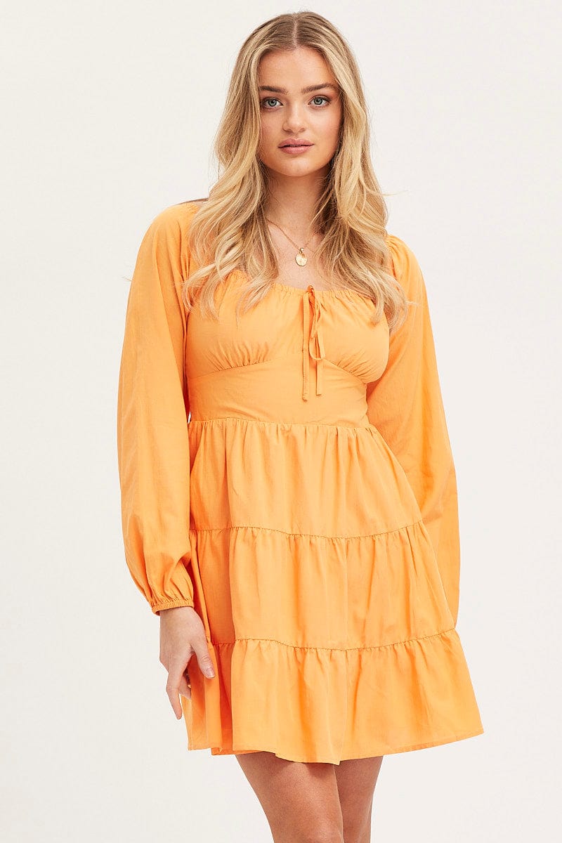 Women's Orange Fit And Flare Dress Long Sleeve Square Neck | Ally Fashion Women's Orange Fit And Flare Dress Long Sleeve Square Neck | Ally Fashion