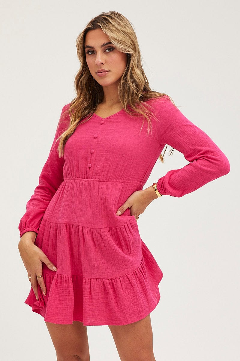 Women's Pink Skater Dress Long Sleeve Mini | Ally Fashion Women's Pink Skater Dress Long Sleeve Mini | Ally Fashion