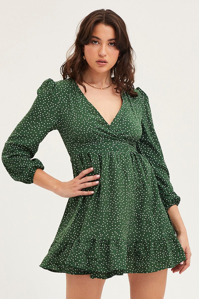 Polka dot wrap outlet dress long sleeve