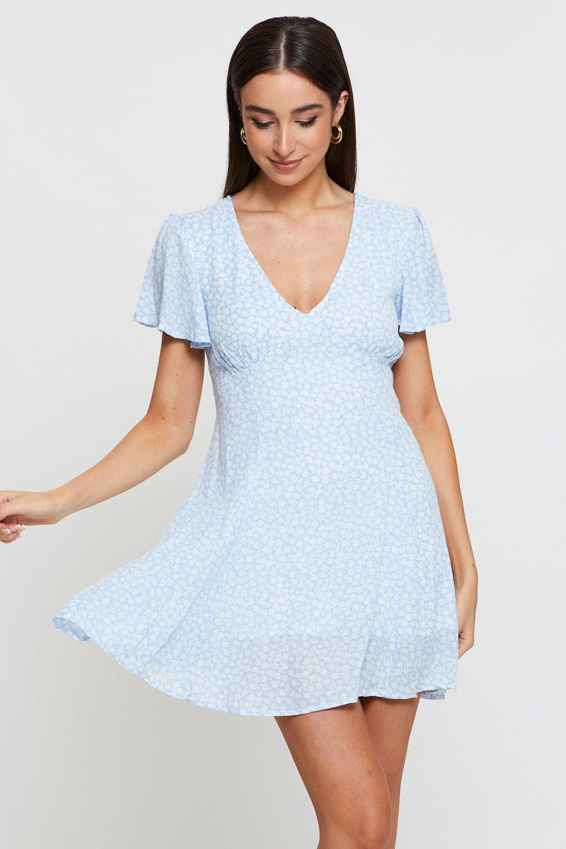 Women's Print Fit And Flare Dress Short Sleeve V Neck | Ally Fashion Women's Print Fit And Flare Dress Short Sleeve V Neck | Ally Fashion