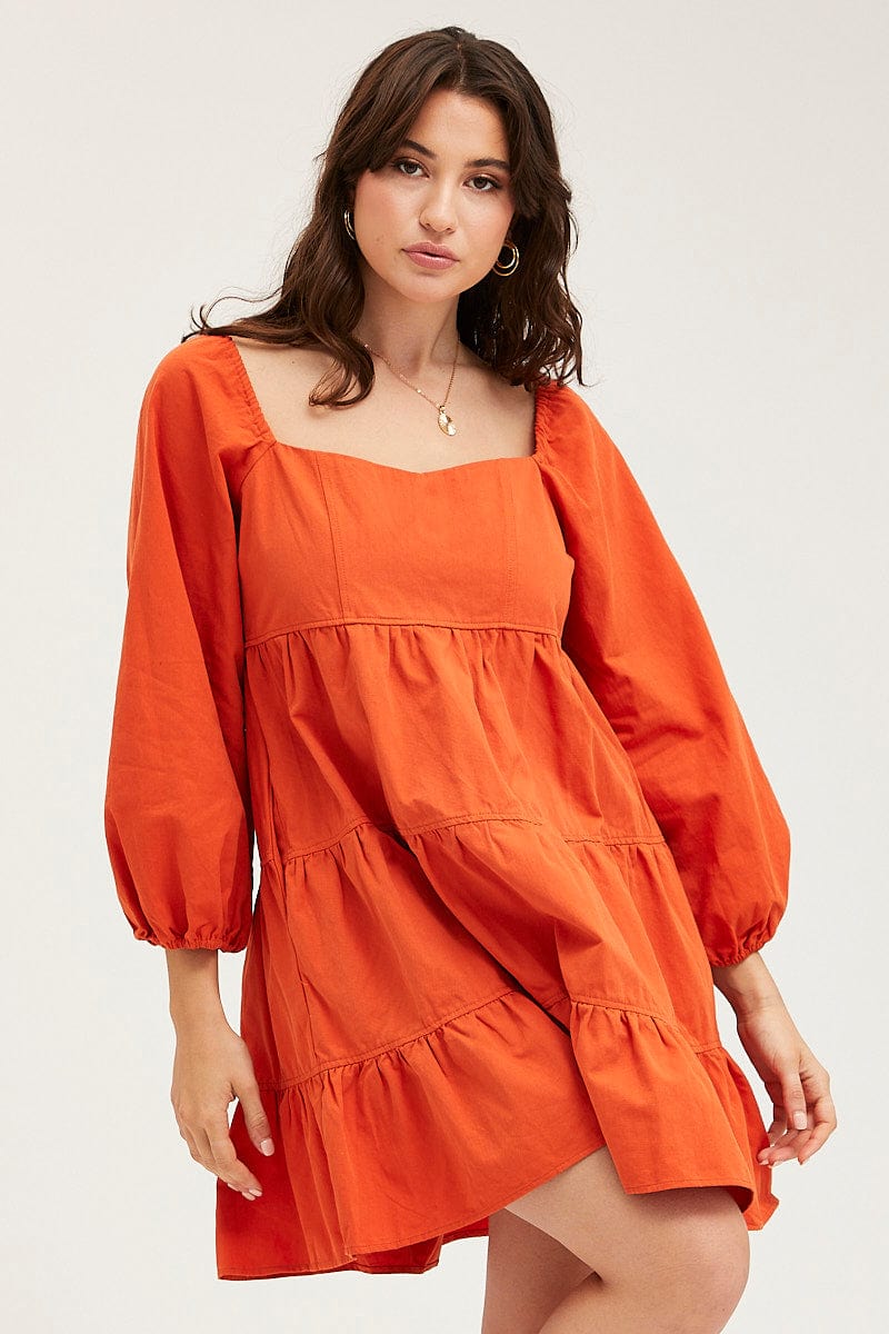 Women's Brown Tiered Dress Long Sleeve Mini | Ally Fashion Women's Brown Tiered Dress Long Sleeve Mini | Ally Fashion