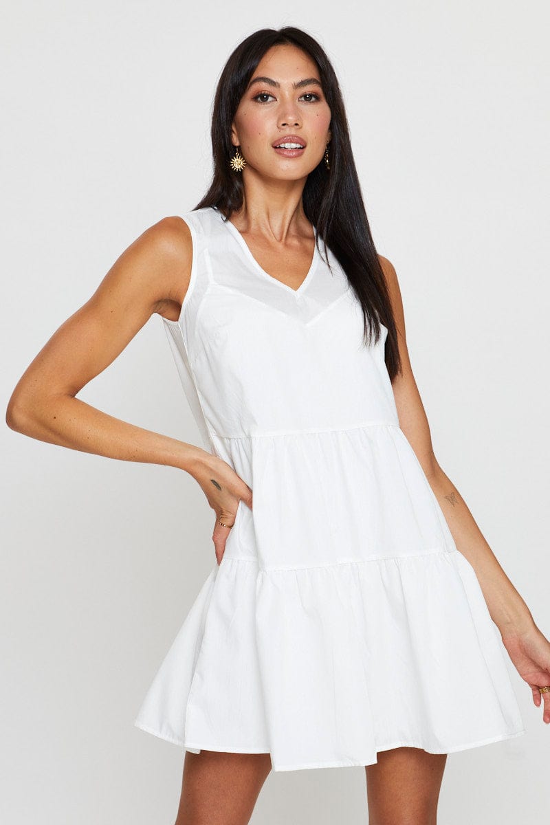 Women's White A Line Dress Mini V Neck | Ally Fashion Women's White A Line Dress Mini V Neck | Ally Fashion