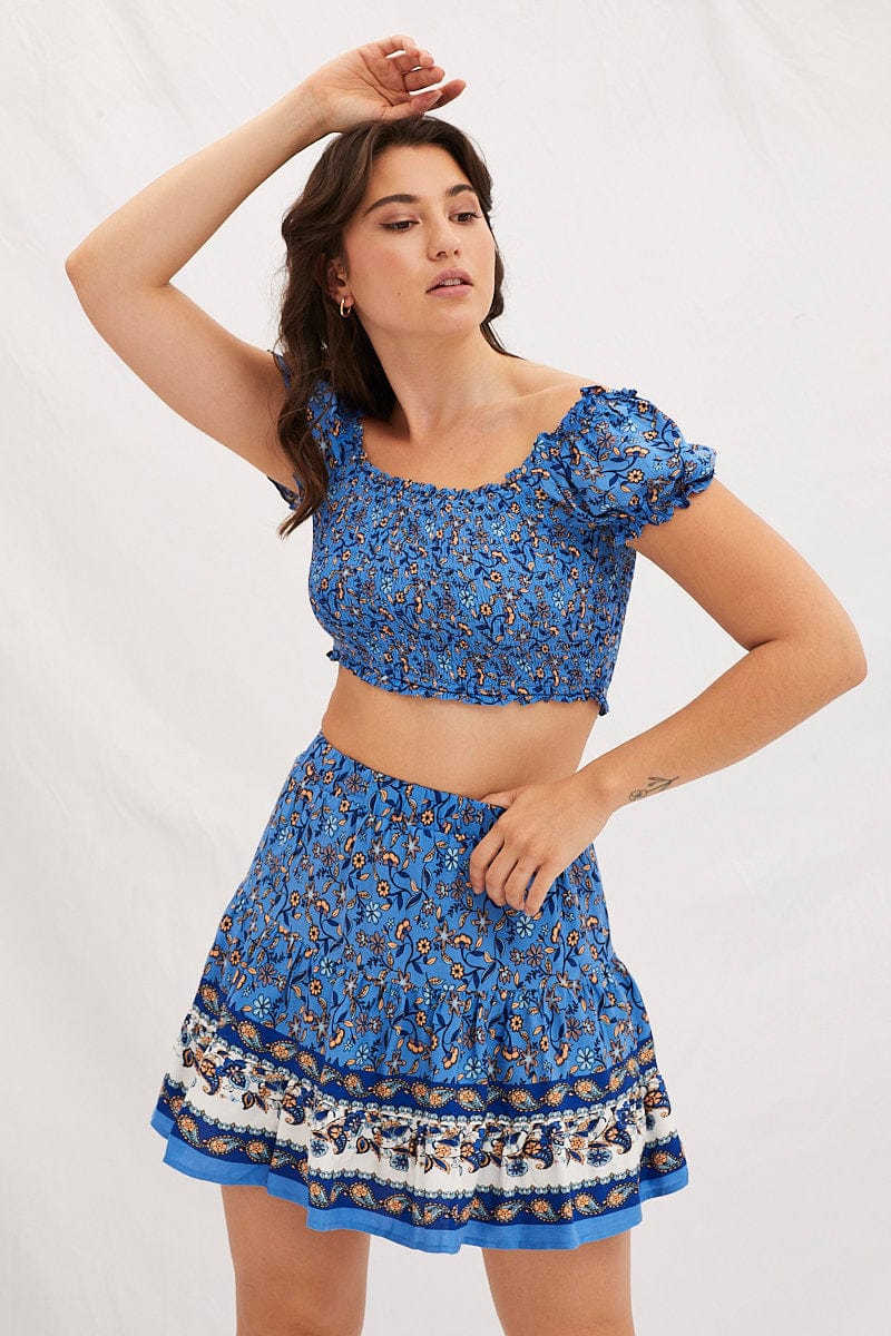 Women's Boho Print Elastic Waist Boho Mini Skater Skirt Ally Fashion