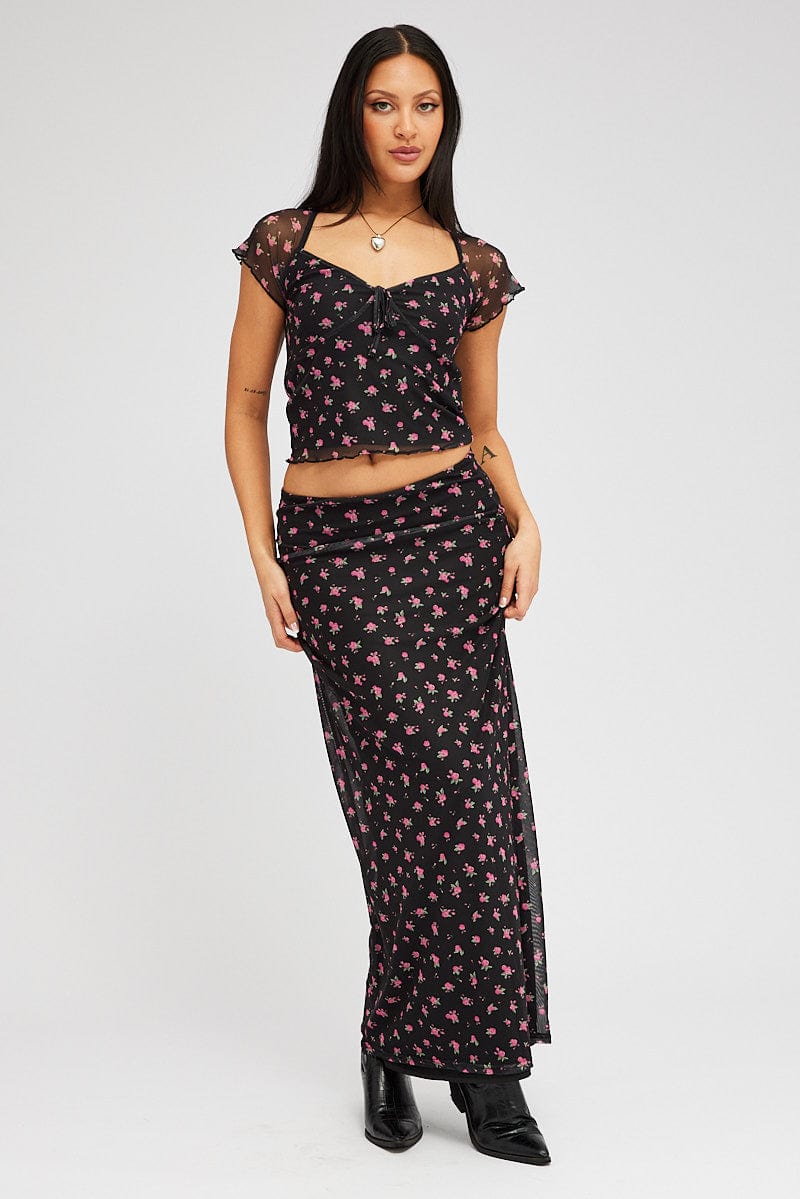 High waisted floral 2025 maxi skirt black