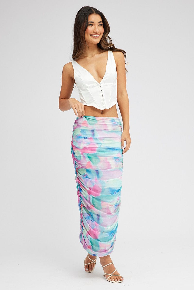 Multi Abstract Print Ruched Mesh Crop Top
