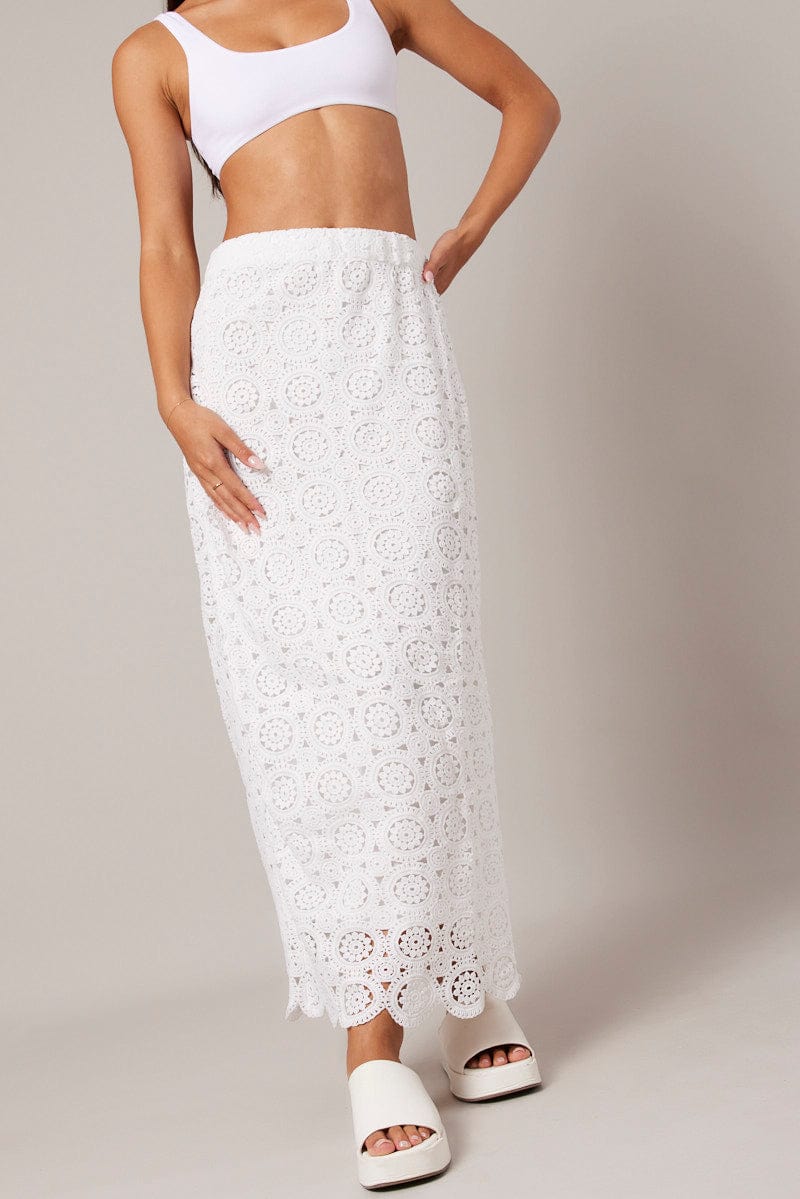 White Midi Skirt High Rise Lace Ally Fashion