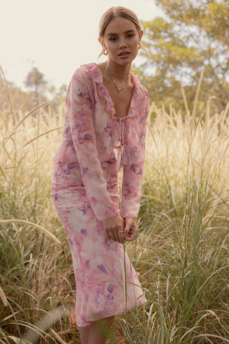 Pink Floral Midi Skirt Floral Printed Chiffon Ally Fashion