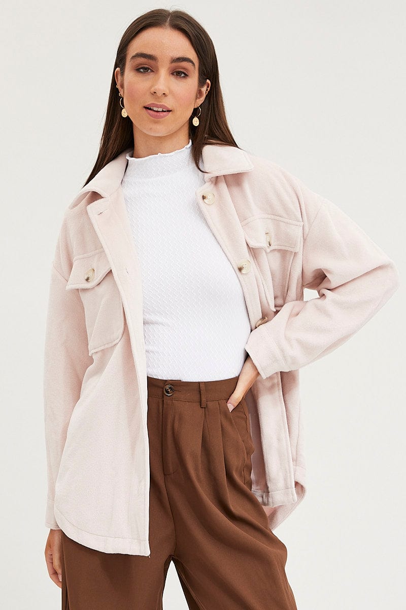 Women's Beige Oversized Shacket Long Sleeve Collared Ally Fashion