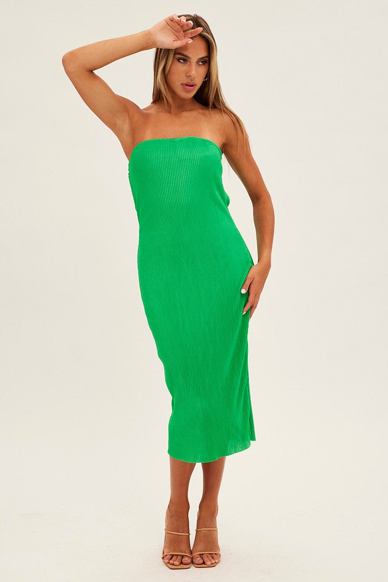 Green Midi Dress Bandeau Plisse | Ally Fashion Green Midi Dress Bandeau Plisse | Ally Fashion