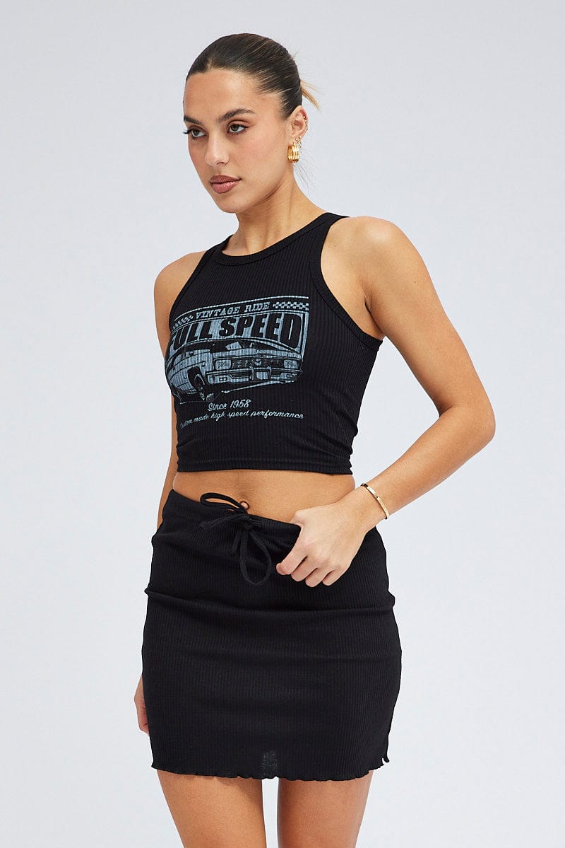 Black Rib Tie Waist Mini Skirt Ally Fashion