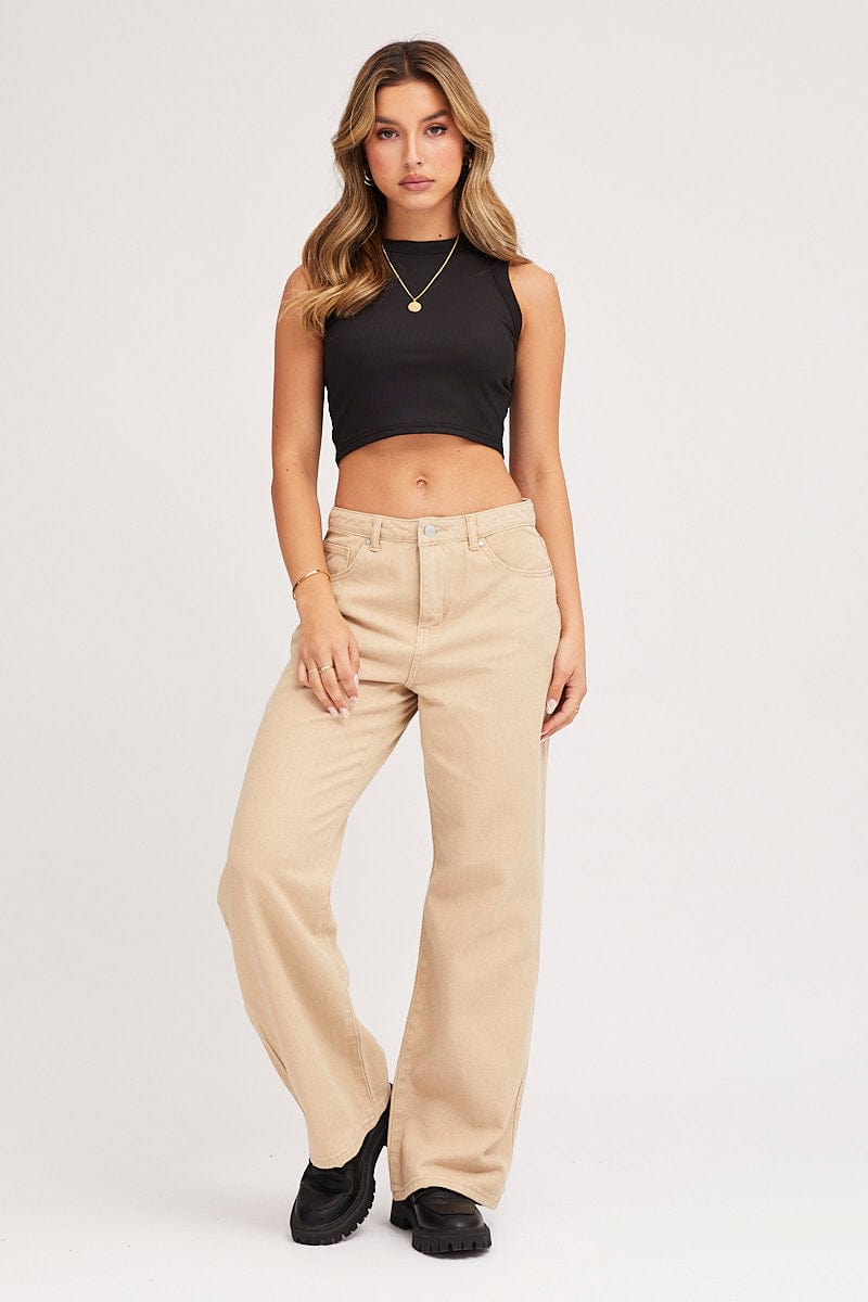 Women's Beige Wide Leg Denim Jeans High Rise Ally Fashion