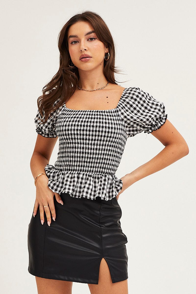 Women's Check Gingham Puff Sleeve Shirred Top Ally Fashion