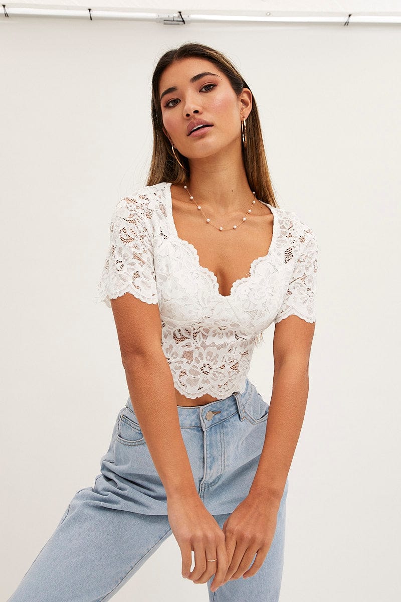 White Lace Top Short Sleeve V Neck Crop
