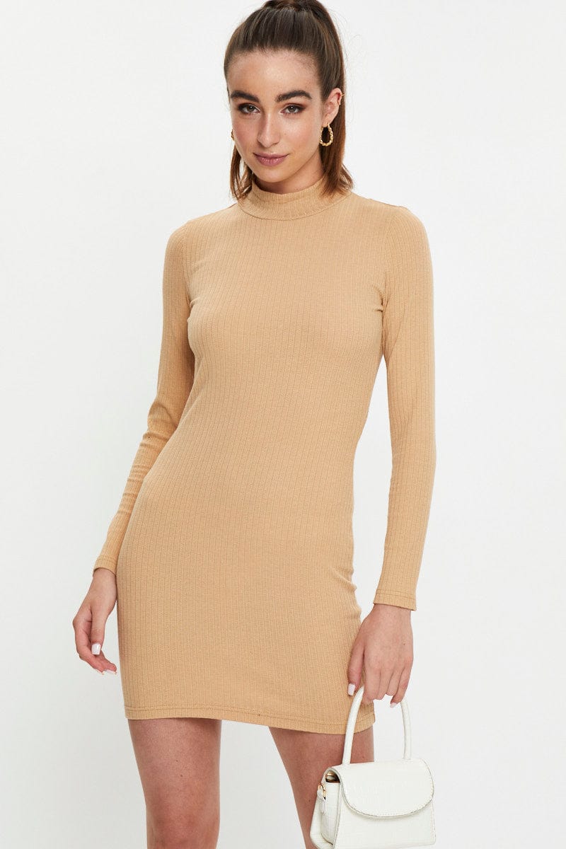 Women's Beige Ribbed Bodycon Dress | Ally Fashion Women's Beige Ribbed Bodycon Dress | Ally Fashion