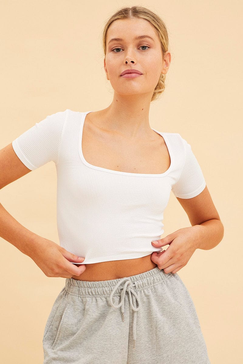 Women's White Seamless T-Shirt Crop Short Sleeve Square Neck