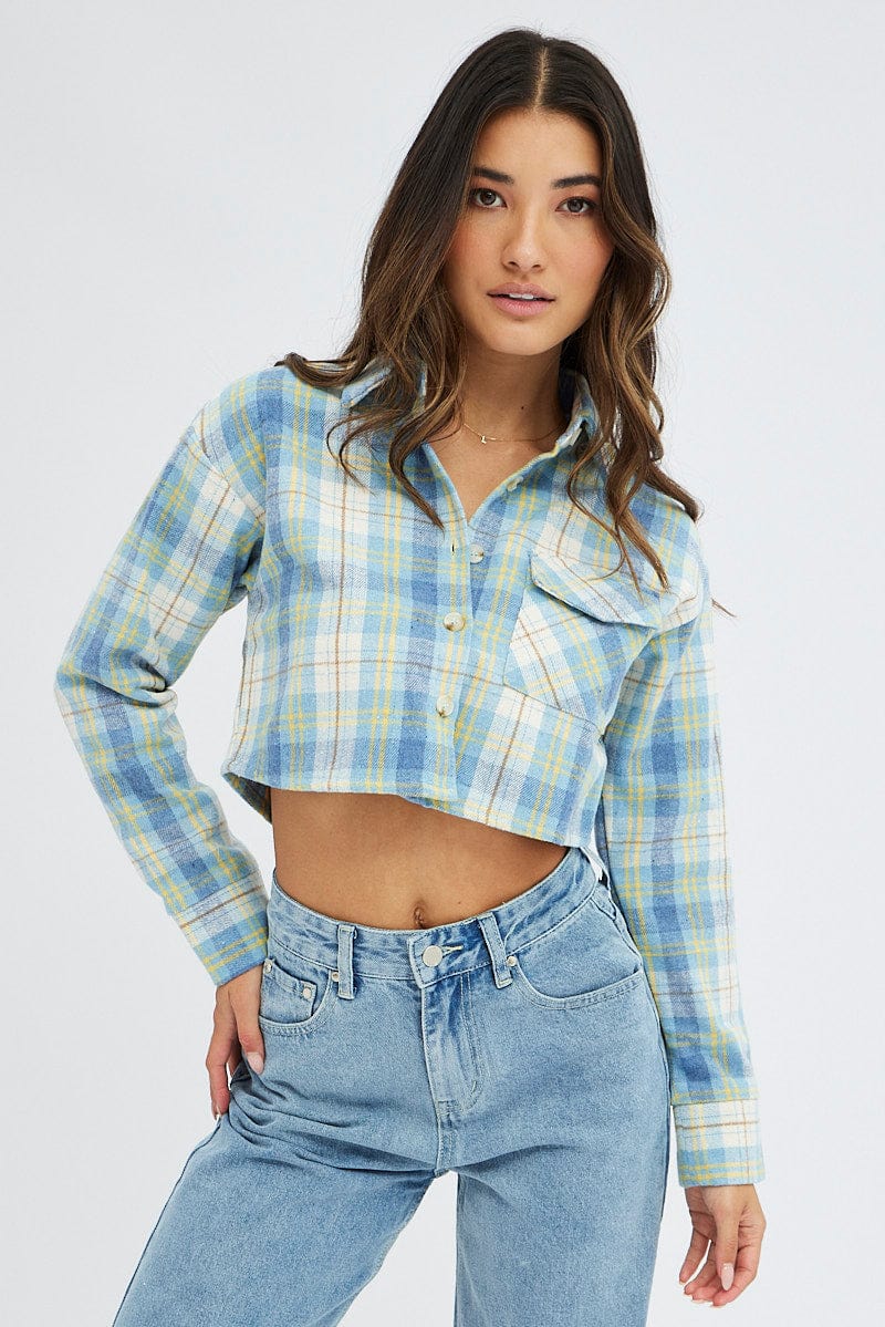 Blue Check Crop Shacket Long Sleeve Collared Fleece Ally Fashion