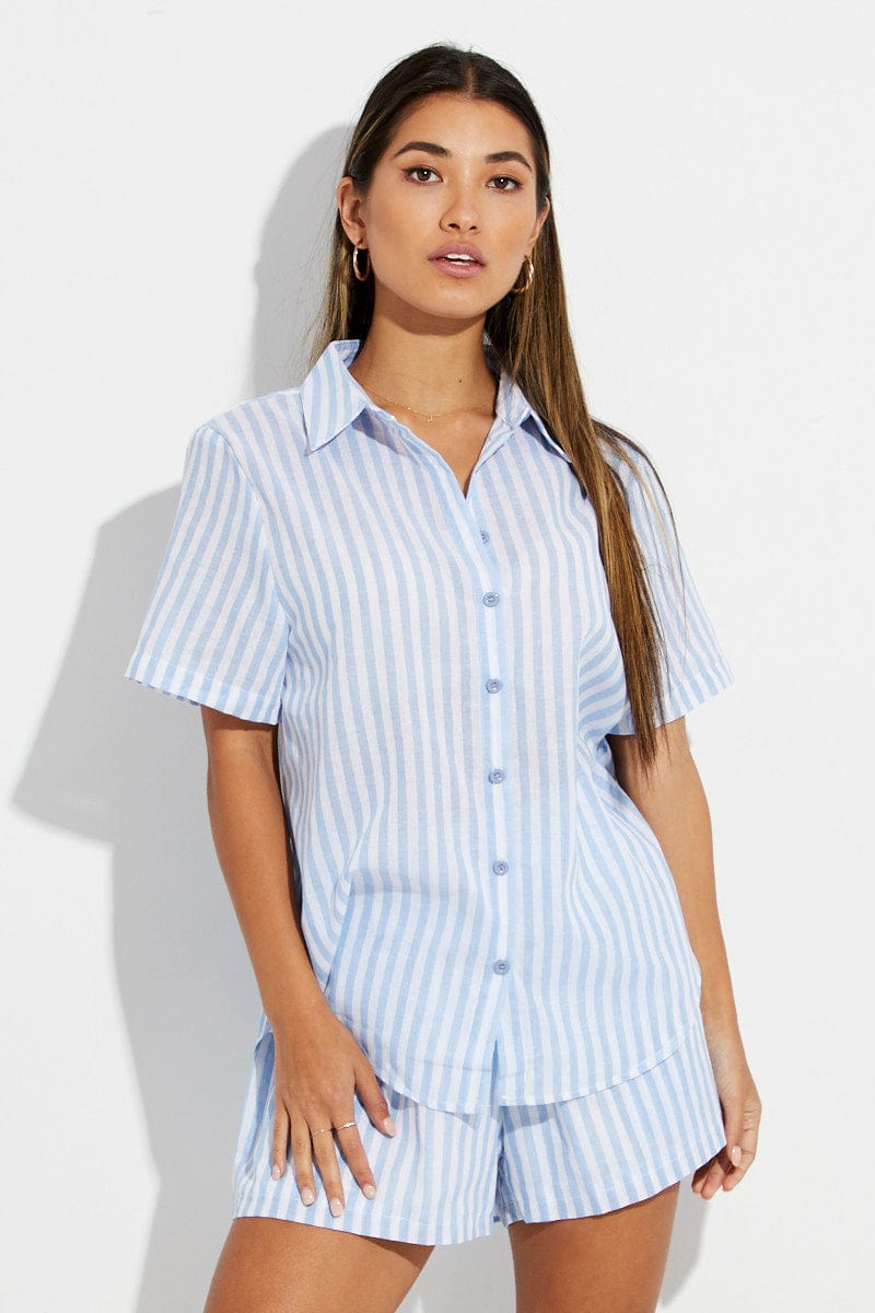 Blue Stripe Oversized Shirt Short Sleeve Collared Button Up Ally