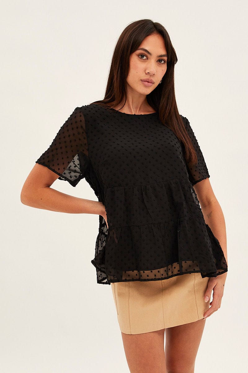 Black Dobby Chiffon Flutter Sleeve Tiered Hem Top Ally Fashion