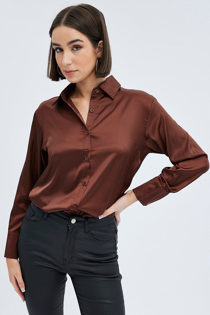 Brown Satin Shirt Long Sleeve Collared Neck | Ally Fashion Brown Satin Shirt Long Sleeve Collared Neck | Ally Fashion