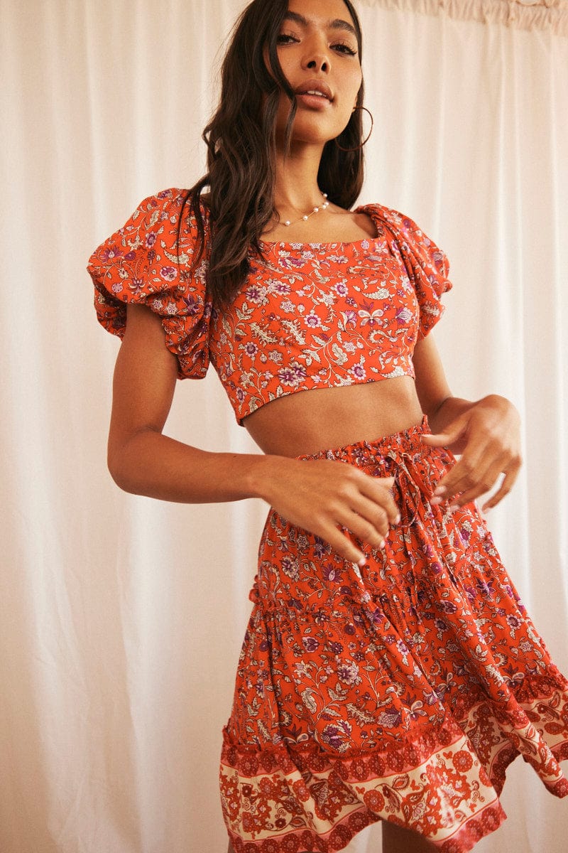 Red Boho Crop Top Short Sleeve Off Shoulder Full Volume Ally Fashion