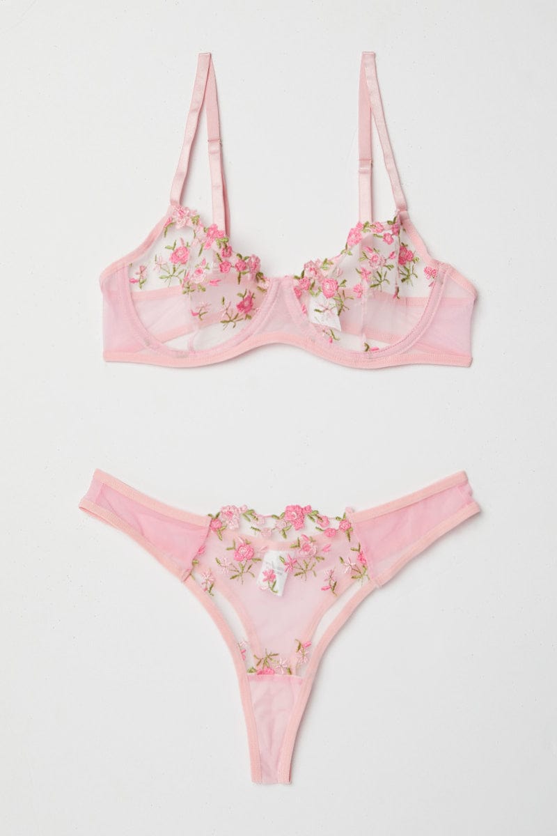 Floral Embroidery Lingerie Set Mesh Unlined Bra Thong - Temu