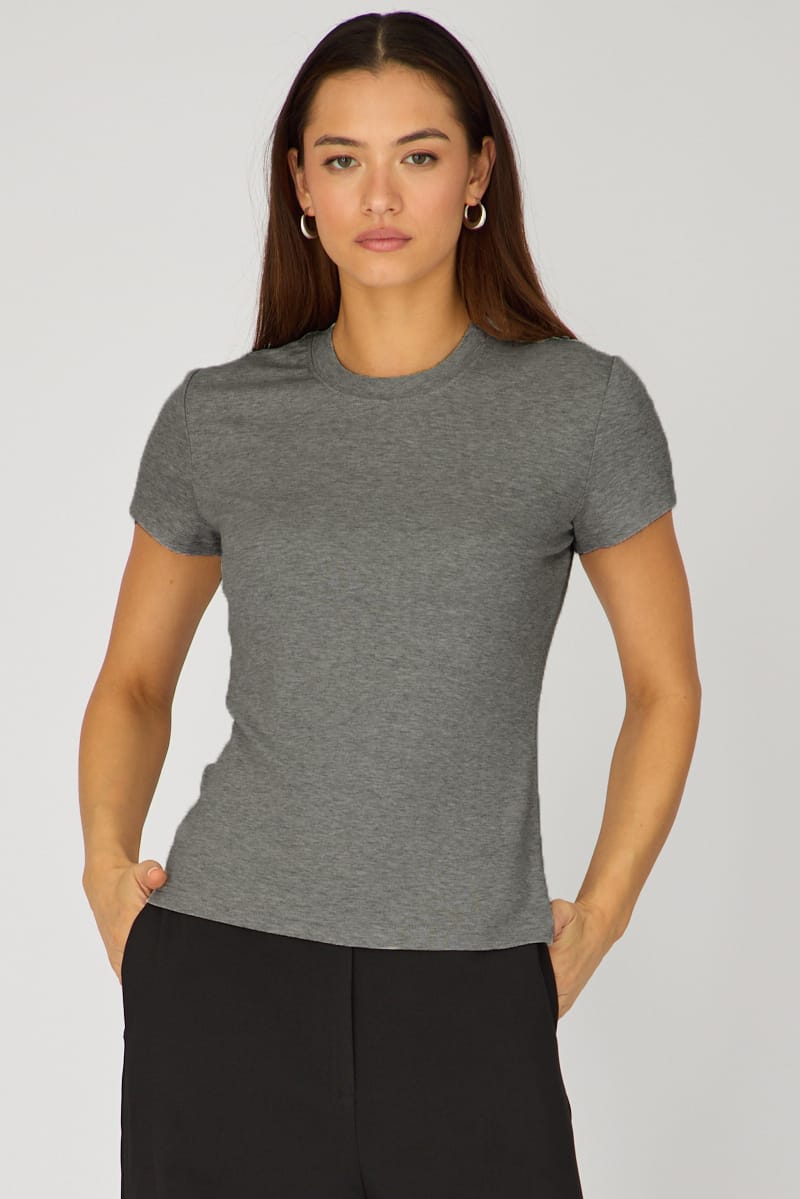 Grey Marle Cotton T-shirt Short Sleeve Round Neck