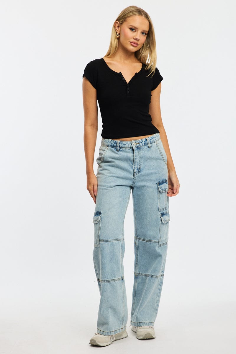 Black Button Down Tee Short Sleeve Rib