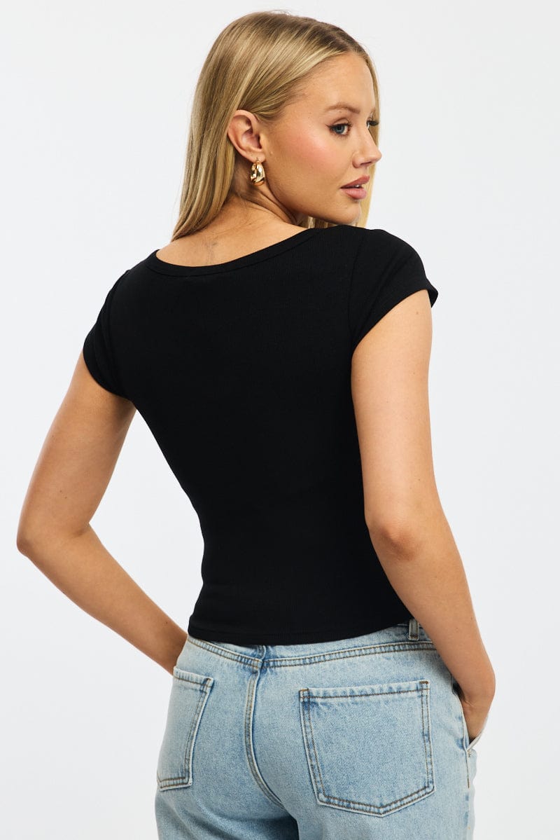 Black Button Down Tee Short Sleeve Rib