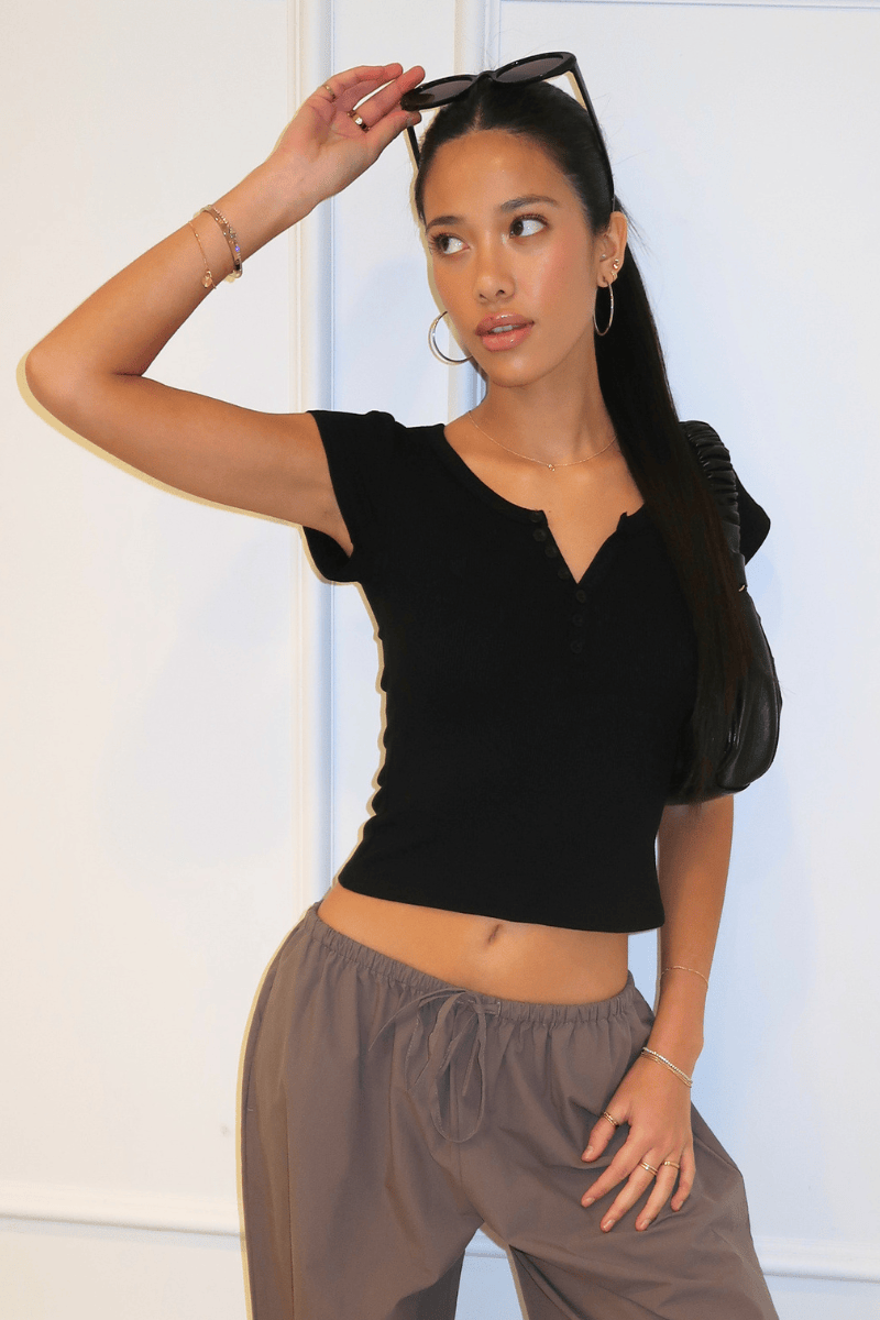 Black Button Down Tee Short Sleeve Rib