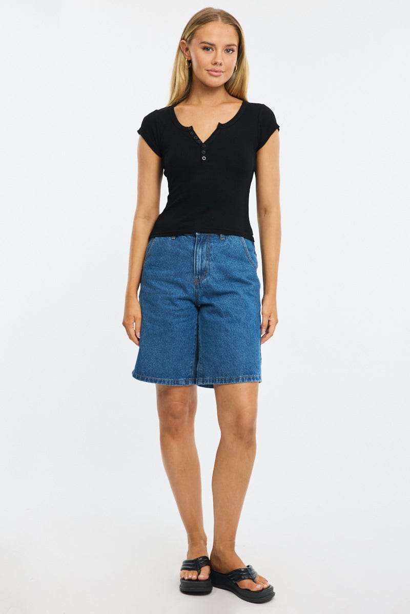 Black Button Down Tee Short Sleeve Rib