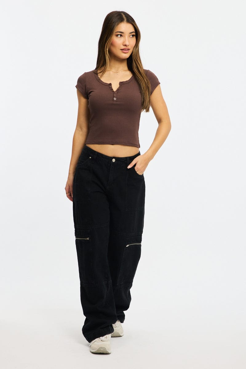 Brown Button Down Tee Short Sleeve Rib