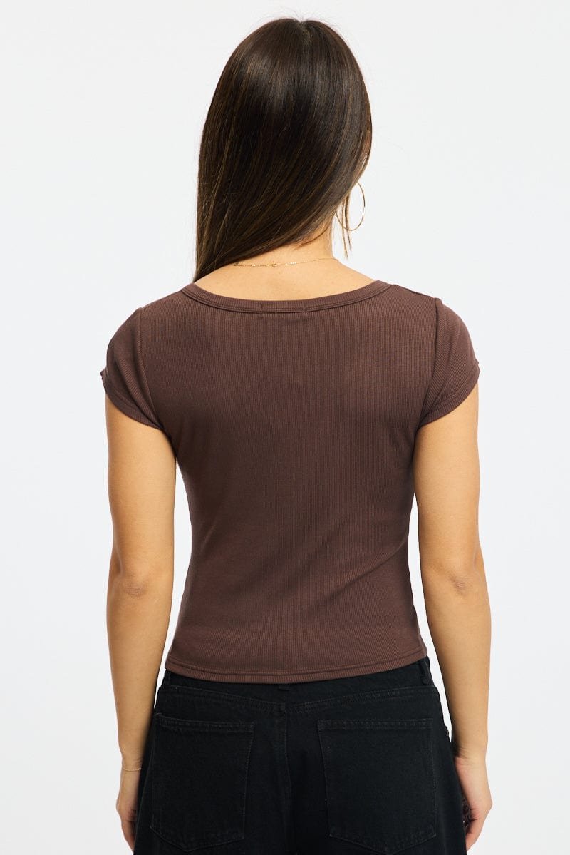 Brown Button Down Tee Short Sleeve Rib