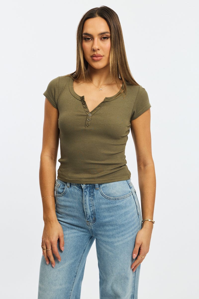Green Button Down Tee Short Sleeve Rib